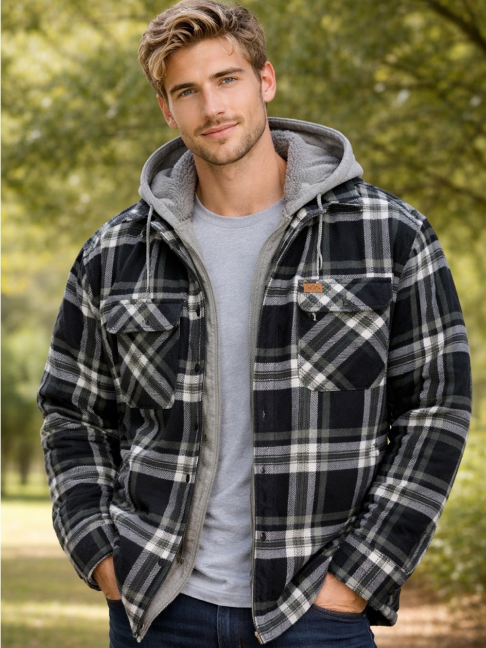 Mountain Ridge Men's Black & Gray Plaid Sherpa-Lined Hooded Shacket jacket